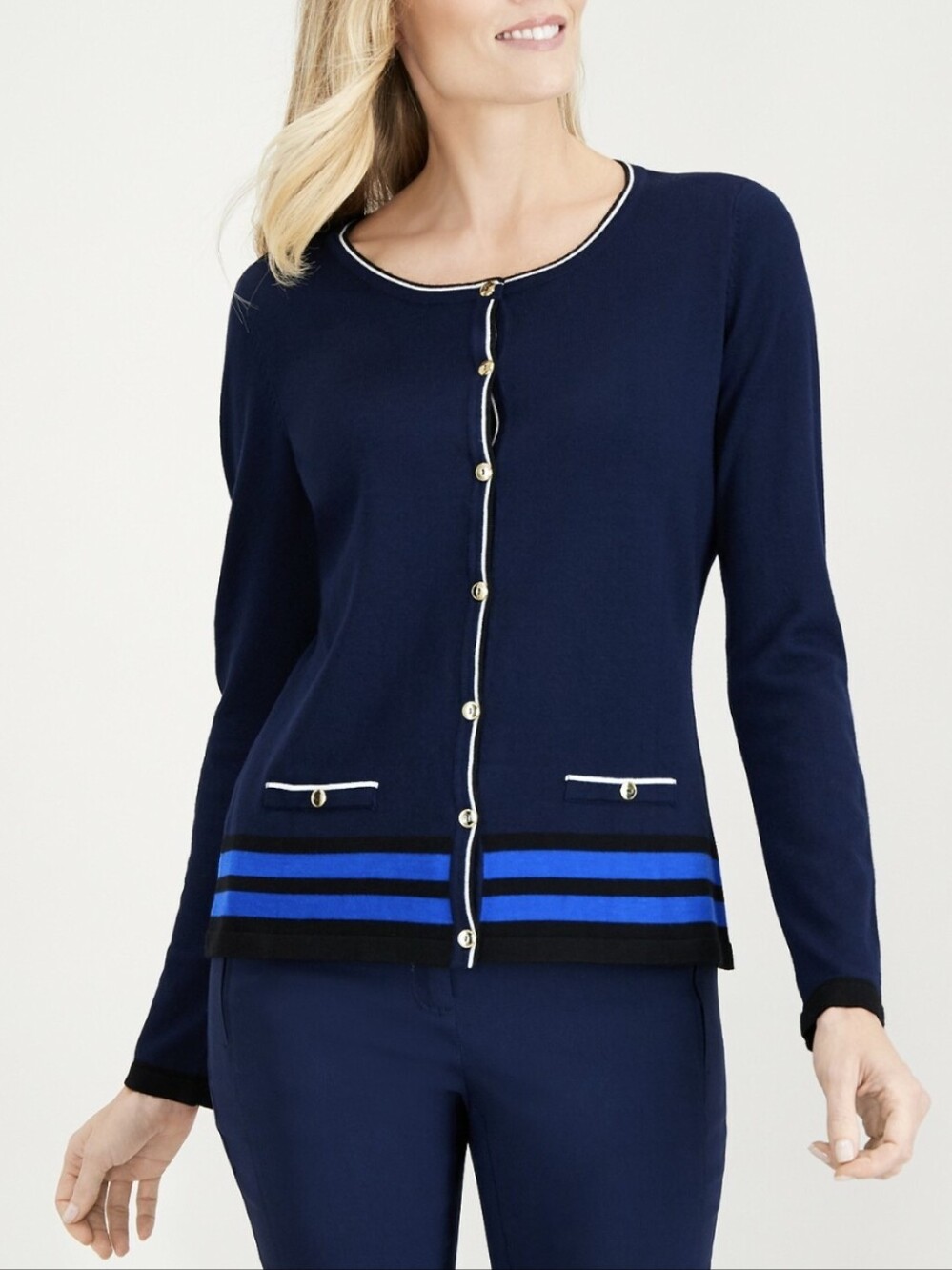 Karen Scott Women's Navy Cardigan Cream Trim Blue Stripes Classic Preppy Size L
